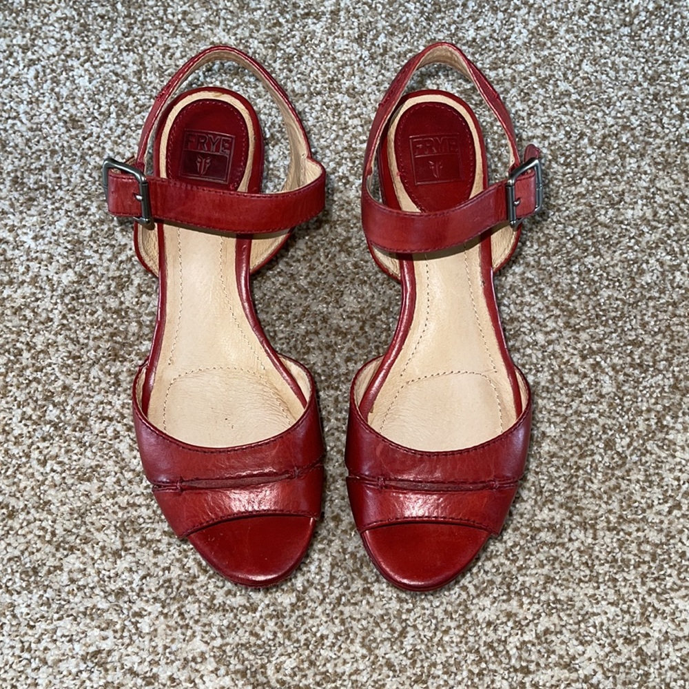 Carlie Seam Leather Wedge Sandal, Burnt Red